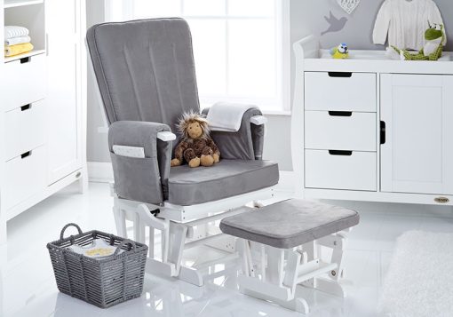 Obaby Deluxe Reclining Glider Chair and Stool - White with Grey Cushions 2