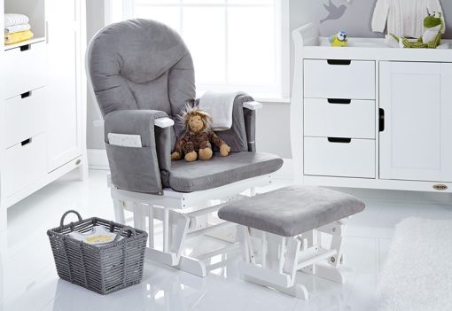 Obaby Reclining Glider Chair and Stool - White with Grey Cushions