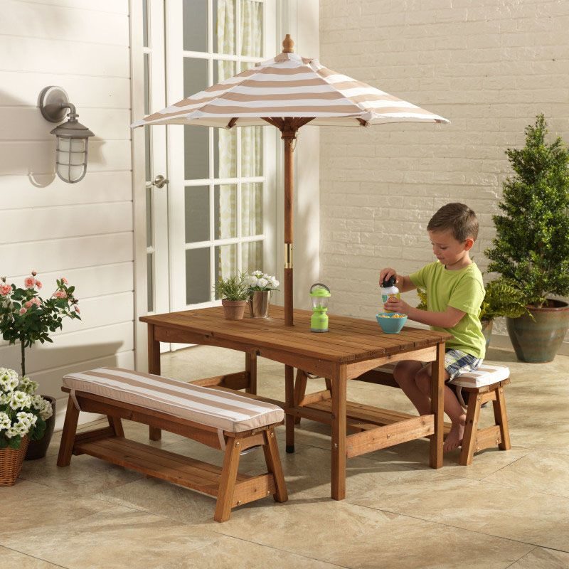 Kidkraft Outdoor Table & Bench Set with Cushions & Umbrella - Oatmeal & White Stripes