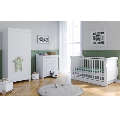 The Lydford Sleigh Cot 3 Piece Nursery Room Set with Underdrawer White