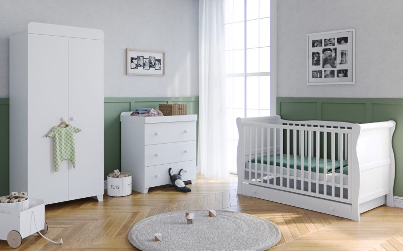 The Lydford Sleigh 4-piece Nursery Room Set with Underdrawer - White