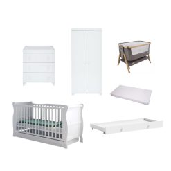 The Lydford Sleigh Cot 6 Piece Nursery Room Set/Underdrawer/Bedside Crib - White