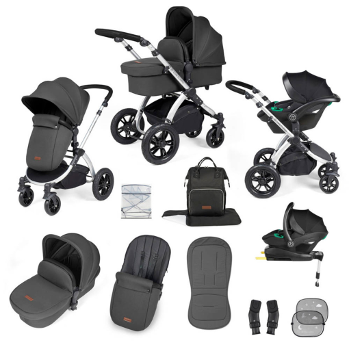 Ickle Bubba Stomp Luxe I-Size Isofix All in One Travel System - Silver/Charcoal Grey/Black Handle