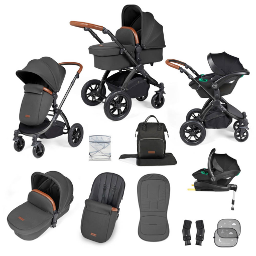 Ickle Bubba Stomp Luxe I-Size Isofix All in One Travel System - Black/Charcoal Grey/Tan Handle