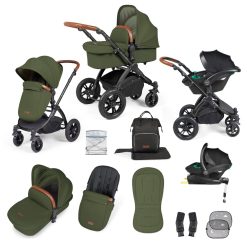 Ickle Bubba Stomp Luxe I-Size Isofix All in One Travel System - Black/Woodland/Tan Handle