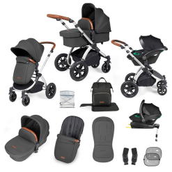 Ickle Bubba Stomp Luxe I-Size Isofix All in One Travel System - Silver/Charcoal Grey/Tan Handle