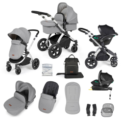Ickle Bubba Stomp Luxe I-Size Isofix All in One Travel System - Silver/Pearl Grey/Black Handle