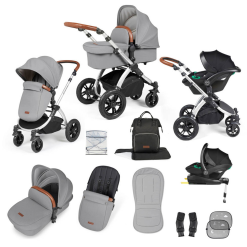 Ickle Bubba Stomp Luxe I-Size Isofix All in One Travel System - Silver/Pearl Grey/Tan Handle