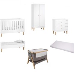 Venicci Saluzzo 5 Piece Nursery Furniture Set/Mattress/Bedside Crib - White