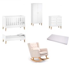 Venicci Saluzzo 5 Piece Nursery Furniture Set/Mattress/Nursing Chair - White