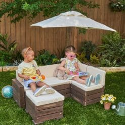 KidKraft Outdoor Sectional Ottoman and Umbrella Set - Bear Brown and Beige